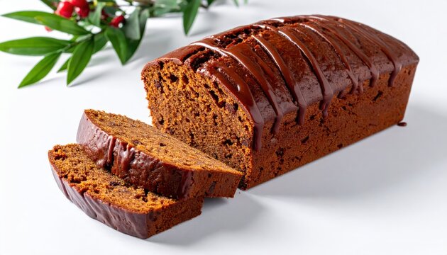 A rich, dark glazed fruitcake loaf, sliced to reveal a dense, moist crumb, ready to be enjoyed.