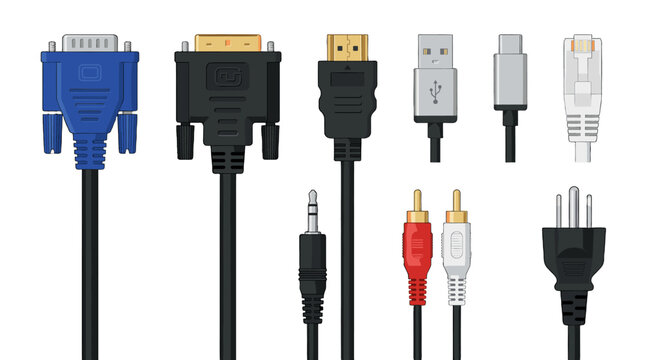 Set of computer and audio cable connectors in vector style