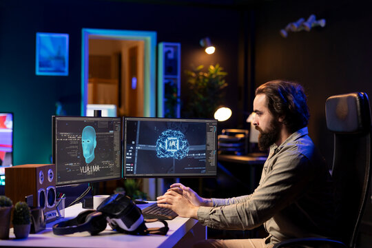 Man getting scared while programming after AI becomes sentient, afraid of it spiraling out of control and dooming humanity, developer worried by conscious artificial intelligence.