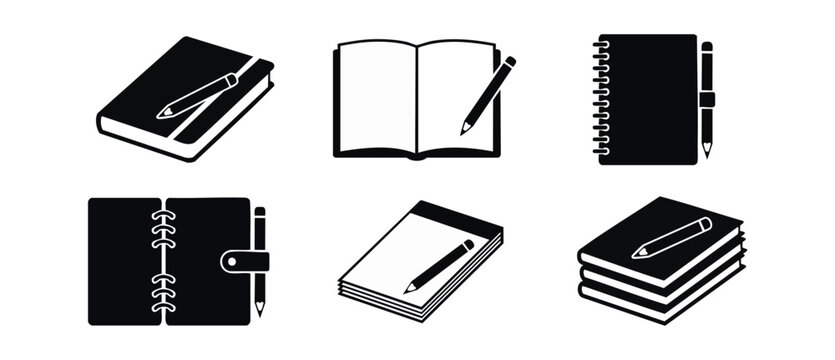 Notebook icon set vector journal symbols for business planning, education, and creative writing. Black and white minimalist stationery collection featuring notepad diary, open book, and lead pencils.