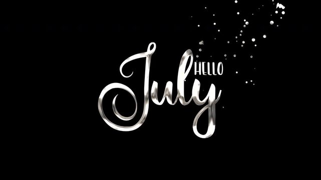 Silver metallic hello july script lettering design with bright white glowing star dust suitable for july greeting cards or calendars.