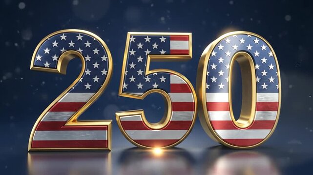 Celebrating the 250th Anniversary with patriotic golden numbers adorned with American flag patterns and shining effects