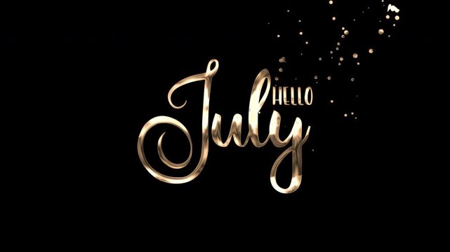 Gold metallic script letters spelling hello july with shiny sparkles on a black background. Ideal for julythemed designs, festive greetings, and celebratory occasions.