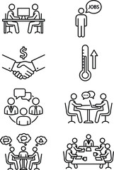 Fototapeta premium Business Communication and Recruitment Line Icons Set Featuring Meetings Negotiation Teamwork Hiring and Corporate Collaboration