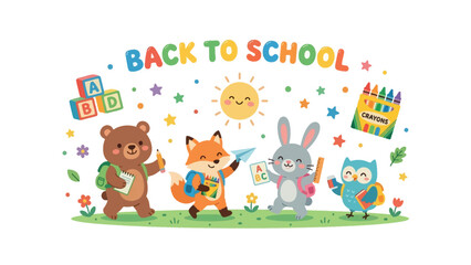 Fototapeta premium Back To School Fun: Adorable cartoon animals—a bear, fox, rabbit, and owl—dressed as students with backpacks and school supplies.