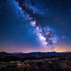 Obraz premium A vibrant nightscape showcases the Milky Way sprawling across a dark, star-filled sky. Below, a silhouetted mountain range is visible