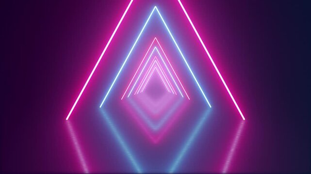 Neon Triangle Light Tunnel Background With Glowing Geometric Lines. Abstract animated neon triangle tunnel with glowing pink and blue geometric light lines creating a futuristic perspective