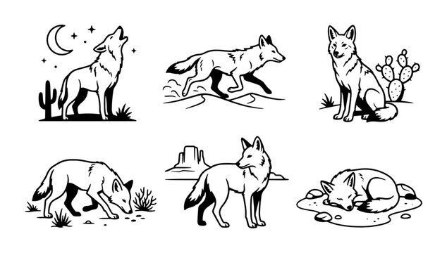 Coyote Vector Illustrations: Desert Wildlife, Howling, Running, Resting, 6 Elements