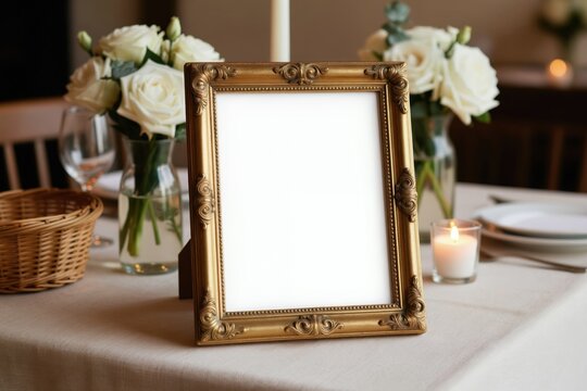 Empty gold ornate frame on table with white roses and lit candle. Restaurant table setting for romantic dinner or event. Space for custom message, menu, or seating chart.