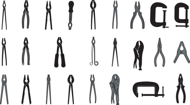Collection of pliers and clamps silhouettes showing various hand tools used for gripping, tightening, and mechanical work in industrial illustration