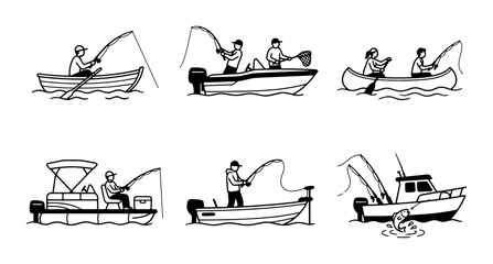 Fishing Boat Scenes: Diverse Vessels, Anglers, and Water Activities, Vector Set © Akash