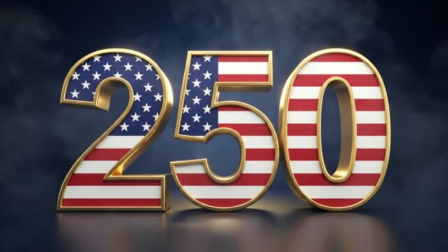 Collage of patriotic display featuring the number 250 decorated with American flag motifs glowing against a dark background