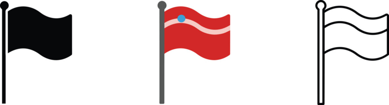Flag on flagpole with curved wavy fabric and decorative elements in silhouette, and styles and pole, banner, and waving in outline and colored styles