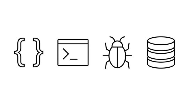 Software programming development line icon set featuring coding brackets terminal window software bug and database cylinder symbol concepts.