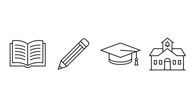 Set of four simple black line icons representing education including open book pencil graduation cap and school building for various uses.
