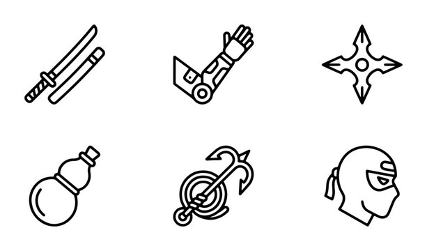 Ninja Warrior Icons, Samurai Sword & Shuriken Vector Set, Martial Arts Equipment Graphics