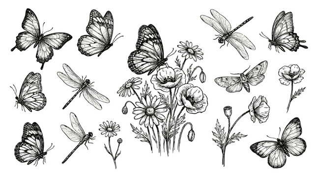 Vintage ink sketch set of butterflies dragonflies and flowers