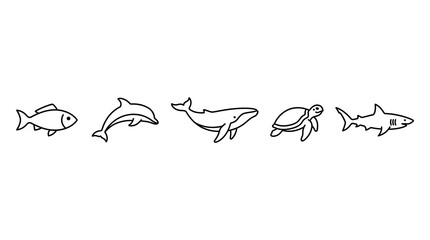 Obraz premium Set of aquatic animal line icons depicting fish dolphin whale turtle and shark silhouettes for marine biology and oceanography research.
