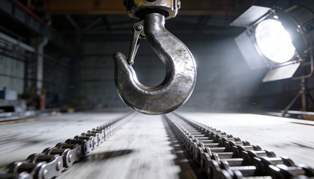 Hanging heavy-duty lifting hook showing scratches and safety latch in workshop, with roller chains