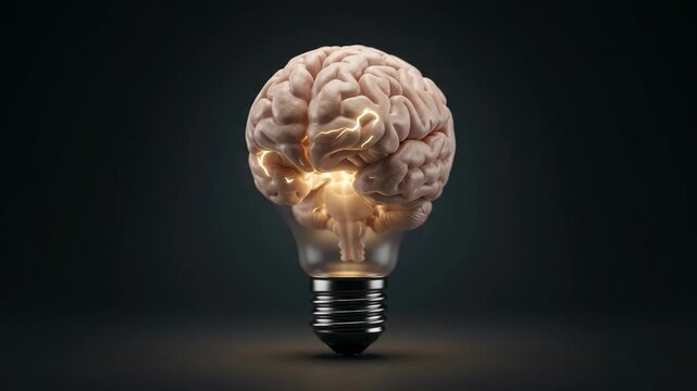 Neural activity glowing inside a brain shaped lightbulb neuron