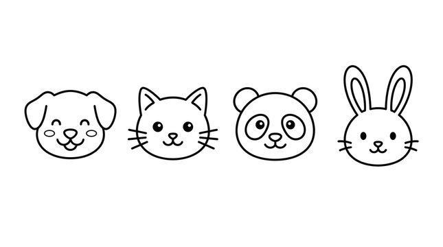 Set of cute animal face icons including dog cat panda and rabbit heads designed as simple black linear outlines for creative animal projects.