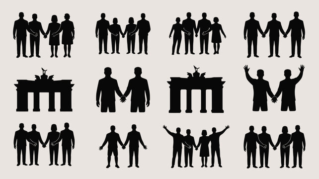 Group of human silhouettes holding hands representing unity community and social connection.