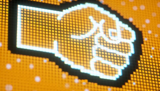 Displaying pixel-art fist centered on close-up LED panel, showing square pixel grid, orange halo