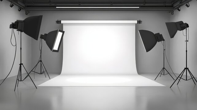 Studio displays professional lighting equipment interior shows diverse studio lights and photography gear