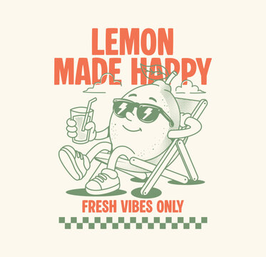 Retro lemon cartoon character relaxing with drink and sunglasses, fresh summer vibes design for t-shirts, posters, stickers, and seasonal print projects