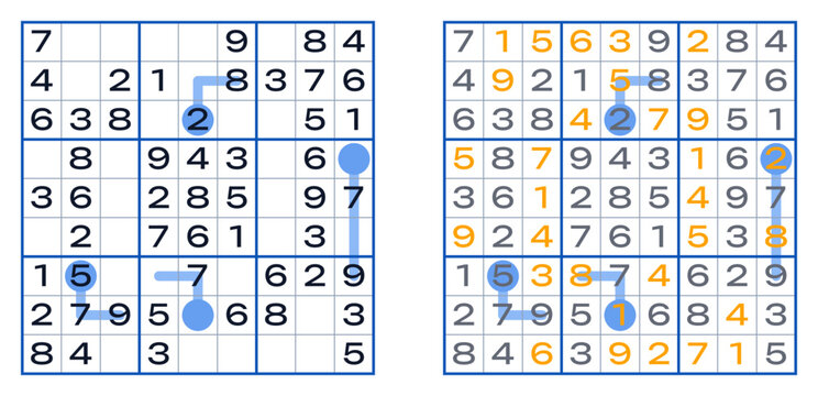 A Vector Puzzle Thermo Sudoku with solutions for kids in colorful format  
