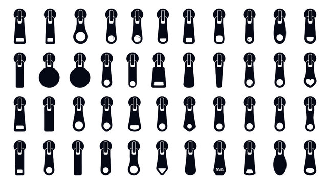Set of zipper pull tab icons in black silhouette style