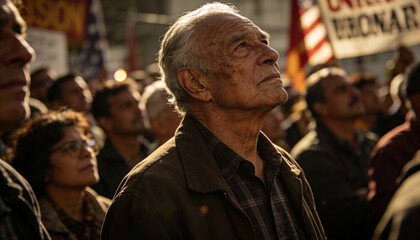 Obraz premium Looking senior man wearing brown jacket, plaid, standing at street rally with placards and US flag