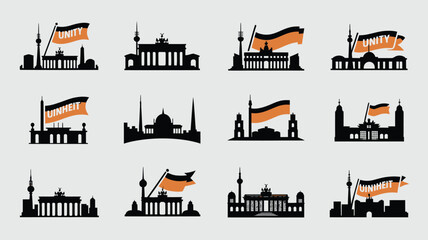 German landmarks with unity flags, depicting national pride and historical significance. © provash