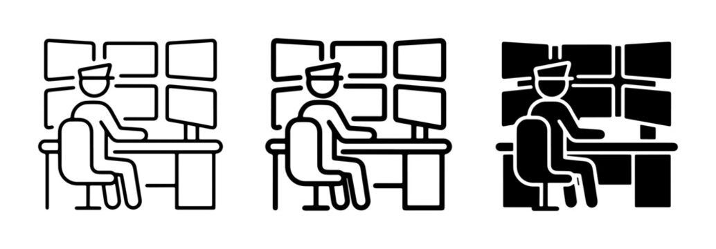 Security Guard Monitoring Multiple Screens, Surveillance Operator Icon Set, Control Room Workstation