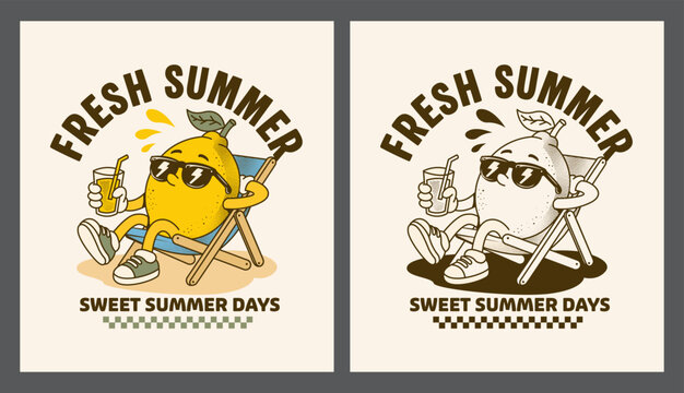 Retro lemon cartoon poster design featuring a chilled summer character with sunglasses and drink, perfect for beach, vacation, seasonal prints, and wall art