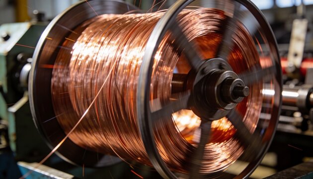 Spinning large metal reel revealing shiny copper coils on workshop line, with shaft and spokes