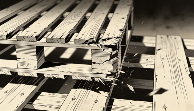 Splintering wooden pallet corner sending shards across dock floor, showing nail heads and voids