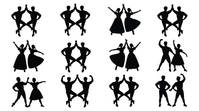 People dancing traditional folk dances, men and women in various poses, isolated on white.
