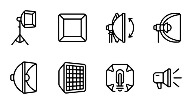 Photography Lighting Icons, Studio Flash Equipment, Professional Light Modifiers, Vector Graphics