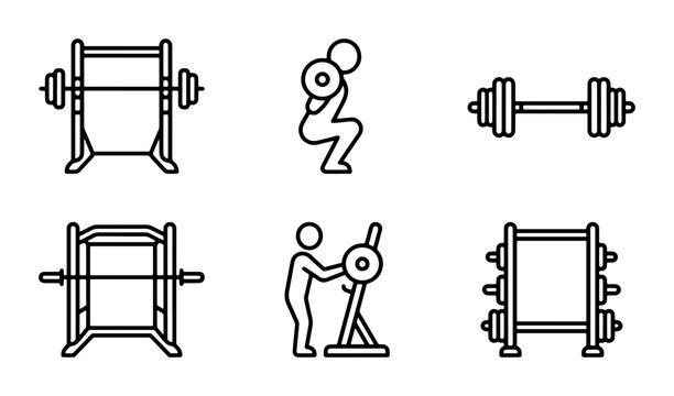 Gym Equipment Icons, Fitness Gear Vector Set, Weightlifting Machine Graphics, Strength Training Equipment