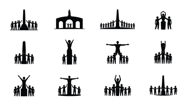 Silhouettes of people gathered around monuments and human pyramids for support.