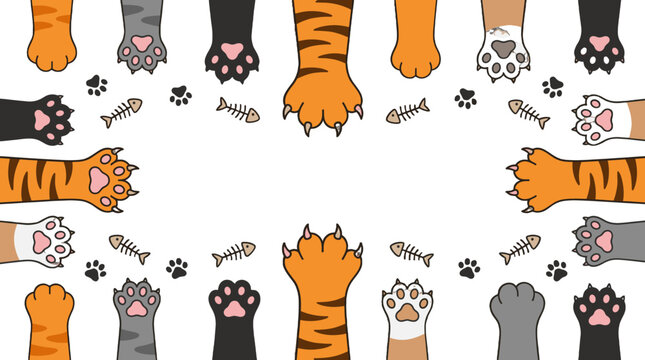 Cute cat paws frame with paw prints and fish bones on white