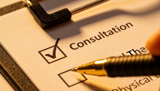 Hand holding gold pen aiming at unchecked box on Consultation clipboard at desk, with checked box