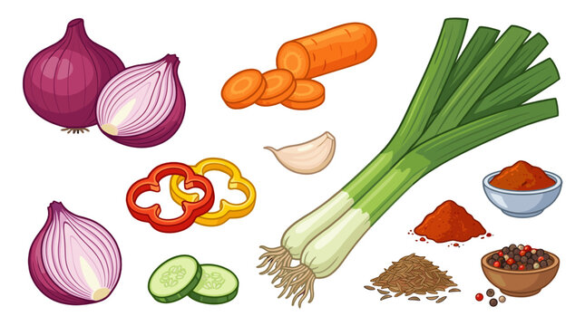 Set of fresh vegetables and spices in colorful cartoon style