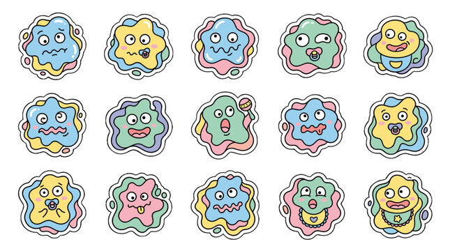 Set of cute blob monster stickers with funny cartoon faces
