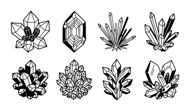 Crystal Clusters Vector Set, Gemstone Formations, Mineral Growth, Geometric Shapes, Science Elements