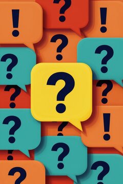 Collection of speech bubbles filled with question marks and exclamation points. Symbolizes confusion, doubt, curiosity, and inquiry. Represents problem solving and search for answers.
