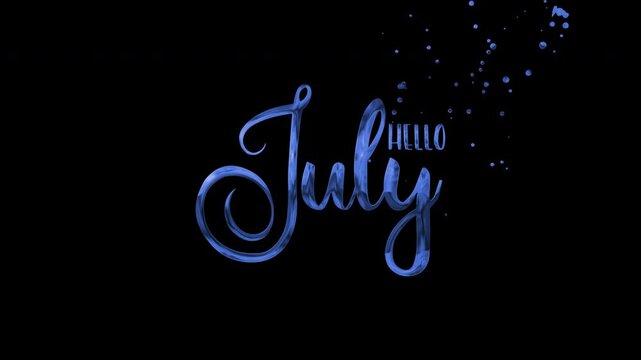 Blue glowing stylized text hello july cursive letters sparkles black night background ideal for social media posts and digital designs.