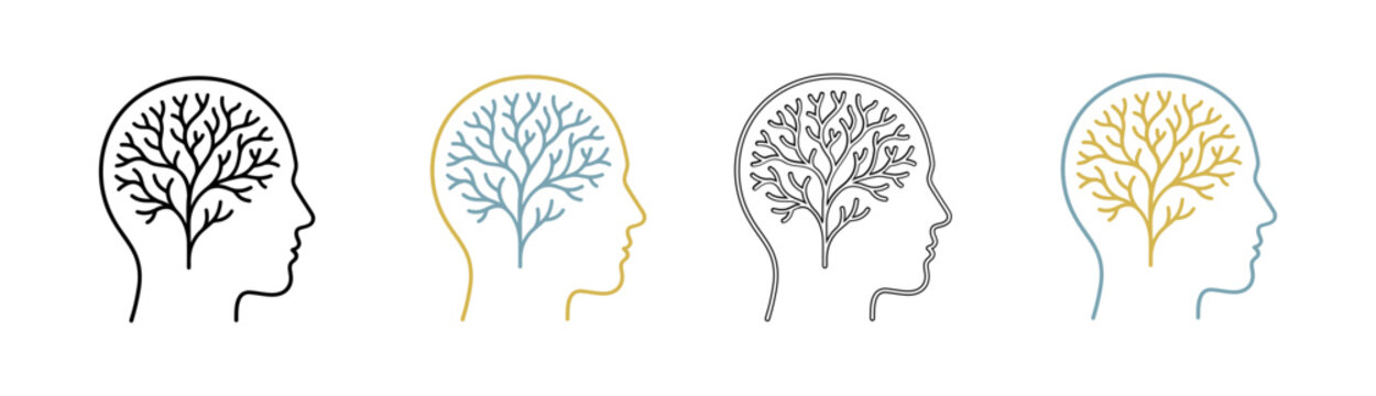 Two colorful brain icons with blue and yellow colors on a black background isolated on transparent background, Vector