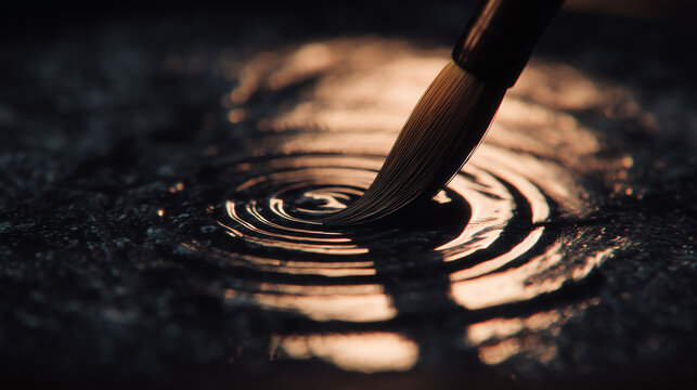 A fine calligraphy brush touches a dark water surface sending warm lit concentric ripples outward during the delicate suminagashi marbling process
